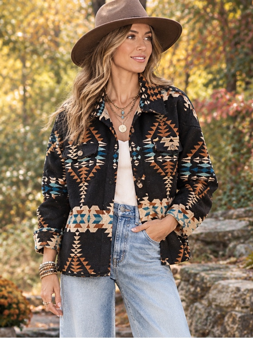 Aztec Western Boho Button-Up Jacket Shacket UNIQLO